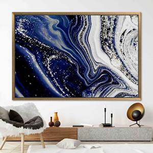 Toile imprimée avec motifs scintillants - Marbre abstrait bleu marine argenté contemporain, 1P : encadré or - Product Image 1