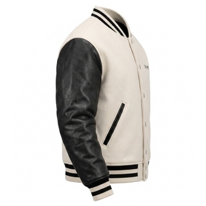 Blouson universitaire premium en cuir noir crème avec corps en laine, style bomber, streetwear, logo personnalisé, OEM, ODM, vente en gros, USA - Product Image 3
