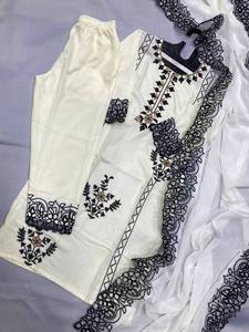 Haut en georgette lourde de créateur avec pantalon de travail en fil Belle couleur pour les occasions spéciales et les mariages - Product Image 4