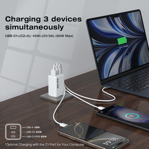 Cargador GaN de 65W con 3 Puertos, Cargador Rápido para iPhone, Samsung, Adaptador Universal USB C para Teléfono Móvil, Portátil, PD 65W, Cargador de Pared Tipo C - Product Image 5