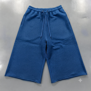 Shorts de survêtement pour homme en coton épais, coupe ample à jambe large, avec ceinture à bords bruts, style streetwear décontracté d'été - Product Image 3