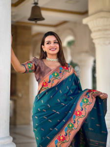 Diseñador Paithani Seda Saree Con Zari Tejido Meenakari Motivos Diseño - Product Image 3
