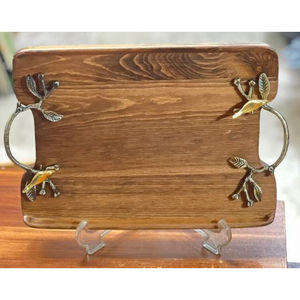 ถาดไม้ทรงกลมพร้อมที่จับโลหะสำหรับบ้านโรงแรมเครื่องใช้บนโต๊ะอาหารถาดเสิร์ฟขนมอาหาร - Product Image 4