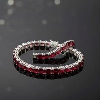 Bracelet tennis en argent avec rubis incrustés de verre rouge (plaqué rhodium réglable, bijou minimaliste pour femme, cadeau pour mariage ou fête)