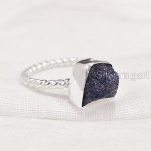 Bijoux en pierre brute bague pour femme saphir bleu brut naturel pierre précieuse septembre pierre de naissance bande torsadée bague en argent Sterling 925 - Product Image 3