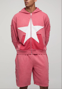 <b>Men's</b> OEM Fashion Hoodie Oversized Boxy <b>Short</b> <b>Zip</b> up Hooded Acid Wash Polyester / Cotton Hoodie and <b>Shorts</b> Set - Product Image 4