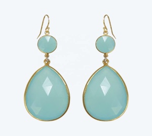 Pendiente de gancho de Calcedonia de agua natural 925 Plata de Ley 18K Pendiente chapado en oro para mujeres y niñas - Product Image 3