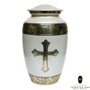 Urna de cremación blanca y dorada con urna funeraria cruzada para adultos para cenizas humanas, urna conmemorativa religiosa con diseño de hoja grabada - Product Image 2