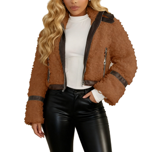 Chaqueta Corta Casual de Piel Sintética para Mujer, Forrada de Lana, con Cierre, para Primavera/Invierno - Product Image 2