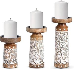 Juego de Portavelas de Madera Tallados a Mano (3) (6\", 8\", 10\") Acabado Blanco Marfil con Tallados Florales - Product Image 1