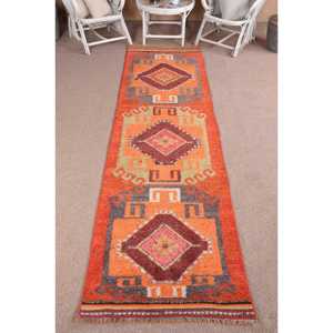 Turkish <b>Runner</b> <b>Rug</b>, 2.9x10.8 ft Vintage <b>Rug</b>, Orange Ombr Wool <b>Rug</b> - Product Image 1