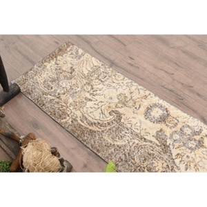 Vintage Rug, 1.6x4.4 ft Turkish Rug, <b>Brown</b> Beige Bordered <b>Wool</b> Rug - Product Image 5