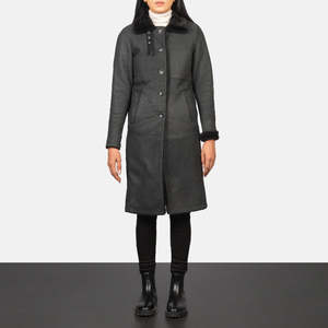 Alina Reversible Black Shearling Leather Coat High Collar Embroidered Diamond XS XL Waterproof Autumn Parka Nylon Zipper - Product Image 1