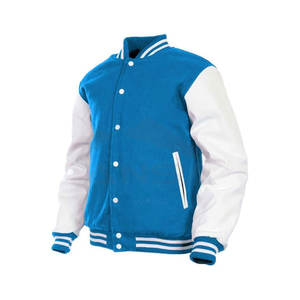 Chaqueta Universitaria con Mangas de Cuero Genuino, Cuerpo de Mezcla de Lana Cálida, Diseño Ligero de Invierno con Ribetes, Chaqueta Deportiva Azul Cielo - Product Image 1