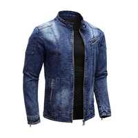 Jaket Jeans Kanvas Pria Grosir, Katun Premium, Ritsleting, Slim Fit, Kerah Tegak, Bernapas, Cepat Kering, Label Custom
