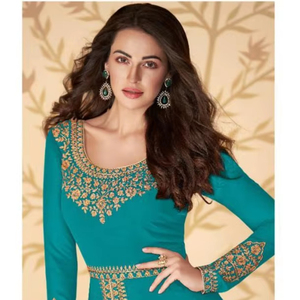 Soie de Georgette de renard indien Shalwar Kameez semi-cousue élégante avec broderie au point de chaîne Jari et flair lourd - Product Image 1