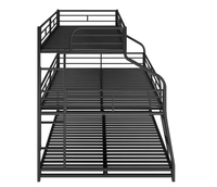 Lit superposé triple moderne en métal, robuste, avec échelle et barrières de sécurité, noir, pour appartement et chambre à coucher, sans sommier.