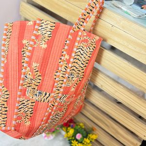 Tiger Print Kantha <b>Tote</b> Quilted Cotton Tiger <b>Tote</b> Orange Tiger Shoulder <b>Bag</b> - Product Image 2