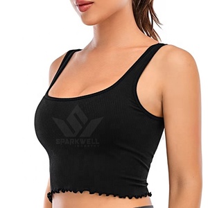 Débardeur court côtelé noir pour femme, col rond, bretelles spaghetti, respirant, coupe ajustée, couleur unie, décontracté - Product Image 2