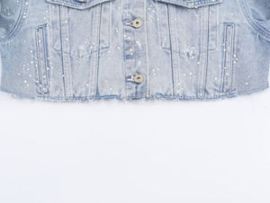 Veste en jean courte en gros pour femmes, veste en jean à paillettes, manches longues, ourlet brut, haut décontracté pour femmes, vêtements d'extérieur en fourrure - Product Image 4