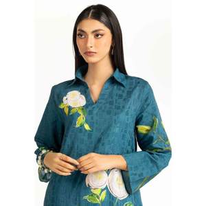 Ensemble coordonné imprimé jacquard en viscose vert sarcelle pour femme, collection printemps/été, taille XS, col ras du cou, tenue deux pièces trois-quarts en crêpe - Product Image 4