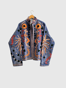 Hand Embroidered Geometric Pattern Mandarin Collar Jacket Full Sleeve Adult Autumn Wear <b>Velvet</b> Style Blouson Design - Product Image 1