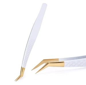 Pinzas Profesionales para Extensión de Pestañas en Forma de L, Color Dorado y Blanco, Herramientas Curvas para Pestañas para Uso en Salón - Product Image 3