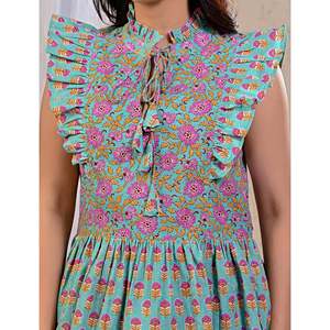 Haut en coton imprimé floral vert Jaal, style vintage, vêtement décontracté pour femme, coupe courte, taille unique XL, longueur courte, tissu popeline tricoté - Product Image 2