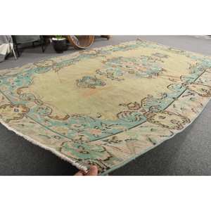 Alfombra turca vintage de 5x8 pies, lana de retazos amarillos y algas marinas, pasillo rectangular de área grande para decoración de habitación - Product Image 5