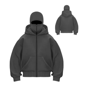 เสื้อฮู้ดดี้ซิปแบบมีฮู้ดปักลายแบบดิสเทรส ขนาดใหญ่พิเศษ น้ำหนัก 500 กรัม ผ้าฝ้าย 100% สำหรับผู้ชาย พร้อมผ้าคลุมหน้าแบบเรียบ - Product Image 5