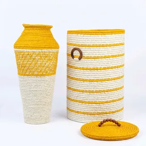 Panier de rangement en raphia tressé à la main de Madagascar, style bohème jaune et blanc, pour arrangement de plantes, décoration intérieure, avec couvercle, écologique, pour bureau - Product Image 6