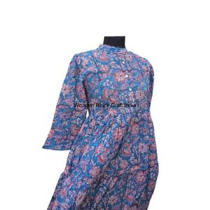 Robes maxi à volants à imprimé floral imprimé à la main pour femmes 100% coton Manches longues Style moulante Tenue de bureau d'été Soirée - Product Image 2