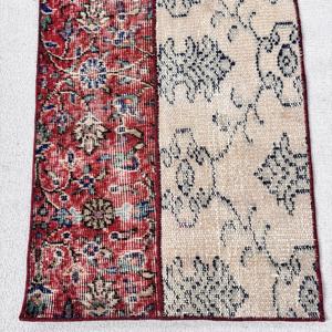 Vintage Turkish Rug 1.9x4.3 ft (57x130 cm), <b>Red</b> Ikat <b>Wool</b> Rug - Product Image 4