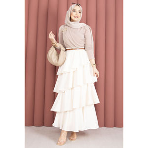 Ecru Pleated A-Line <b>Skirt</b> with Ruffles Breathable Chiffon Spandex Nylon Silk Cotton Fabrics XS Size for Spring Season - Product Image 4