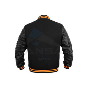 Chaqueta Universitaria Resistente para Hombre con Mangas de Cuero Genuino y Cuerpo de Mezcla de Lana, Bordes Acanalados Clásicos, Forro Negro y Amarillo - Product Image 3