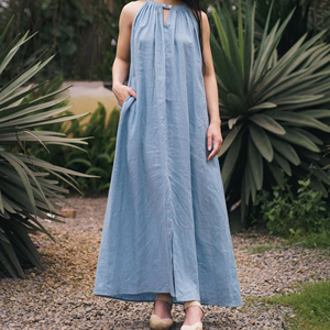 Prix de gros Bleu Ciel Halter Neck Lin Boho Maxi Dress Boutons avant Jambe Fente Grande Taille Disponible Fantaisie Design Naturel - Product Image 1