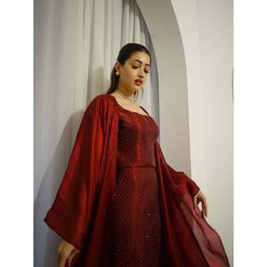 Ensemble de robe longue scintillante marron et cape en organza de luxe en 2 pièces |   Robe de soirée élégante et modeste, kaftan pour mariage et occasions festives - Product Image 4