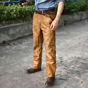 Pantalon de charpentier pour homme en cuir de vachette pleine fleur, style western vintage, avec couleurs vieillies, coupe ample, double genou renforcé et grammage lourd - Product Image 1