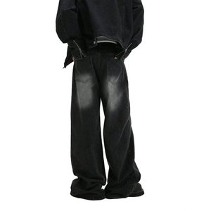 Jean en denim décontracté à jambes larges pour hommes-Design uni, coupe longue, non extensible, couleur noire - Product Image 6