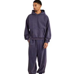 <b>Purple</b> Grey Acid Washed <b>Hoodie</b> Tracksuit <b>Men</b> Oversized Fleece Pullover Sweatshirt Jogger Pants Set Minimal Streetwear Winter - Product Image 1