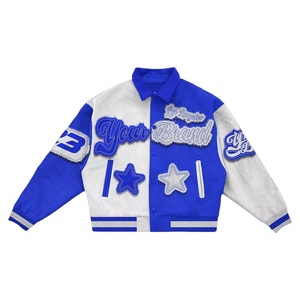 2026 Custom Men's Blue White Varsity <b>Jacket</b> Embroidered <b>Stars</b> Color Blocking Preppy Style Turn-down Collar Regular Fit - Product Image 1