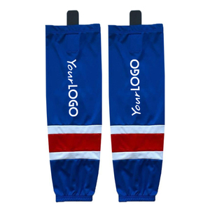 Chaussettes de hockey sur glace bleues avec manches de sport durables à rayures rouges et blanches avec logo personnalisé - Product Image 1