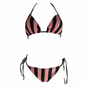 Women's Pink Black Striped Bikini Set Underwire Triangle Top Contrast <b>Binding</b> Tie Side Bottoms 2 Piece Stretch Fabric Beachwear - Product Image 2
