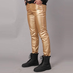 Pantalon slim pour homme en PU doré, taille haute, fermeture éclair, style streetwear, décontracté, avec ceinture décorative - Product Image 5