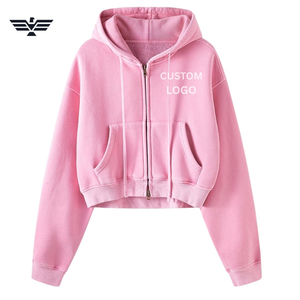 Sudadera con capucha de invierno corta desgastada para mujer, superventas de 2025, Color personalizado, estilo callejero, diseño de punto, cremallera larga, moda - Product Image 3