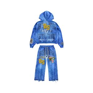 Unisex <b>Acid</b> <b>Washed</b> 100%Cotton Hooded Heavyweight Sweatpants Patch Embroidery Rhinestone Regular Fit Terry Ripped Style Sweatsuit - Product Image 3