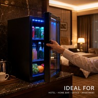 Mini-réfrigérateur à porte vitrée noir piano, température à 7 niveaux, lumière LED bleue pour chambre d'hôtel, bureau, garde-manger, bar à domicile, appartement, personnalisable