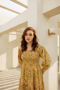 ชุด Maxi พิมพ์ลาย jhaal สีเหลืองของผู้หญิงชุดเดรสลำลองขนาดใหญ่ผ้าฝ้ายปิดคออินเดีย - Product Image 3