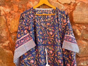 Caftan d'été en coton Bleu Indigo Block Print Beach Cover Loungewear Rainbow Block Print Resort Wear Marocan Casual Dresses - Product Image 2
