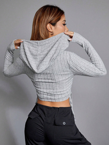 Mode décontracté femmes laine haut court à capuche cordon et Rivet à manches longues sweat fermeture éclair complète avec poche - Product Image 3
